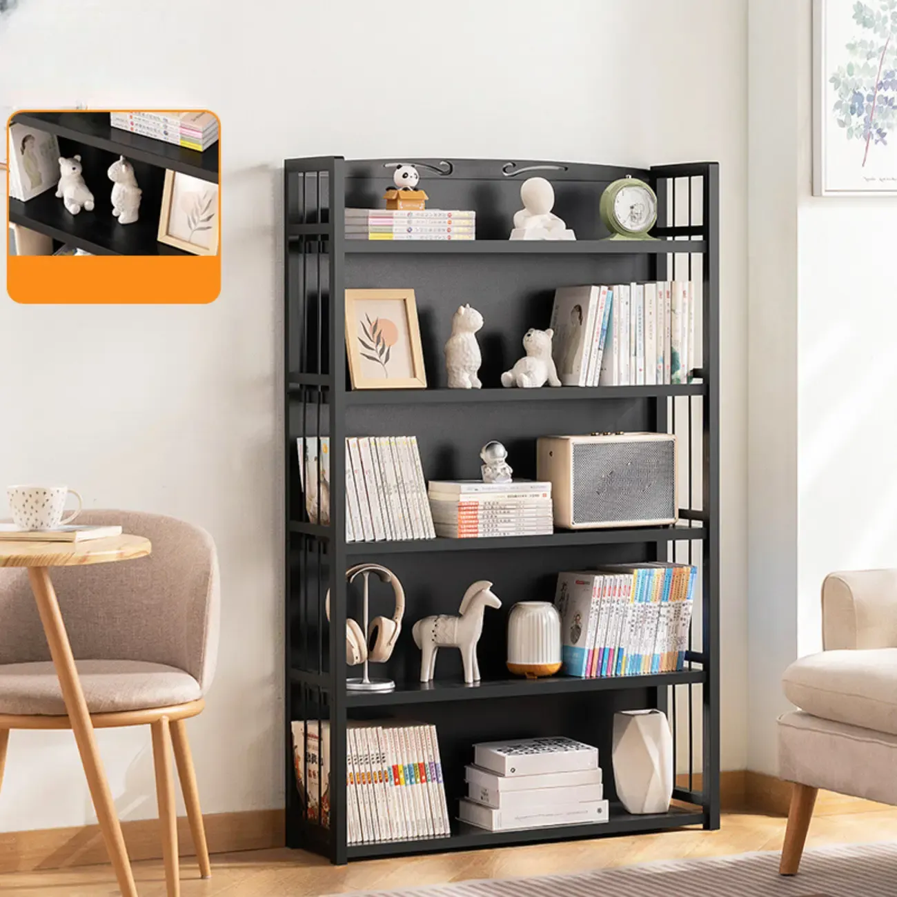 Premium Bamboo Modern Black 5-Shelf Open Bookshelf Image - 7