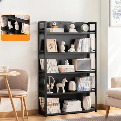 Premium Bamboo Modern Black 5-Shelf Open Bookshelf Image - 7