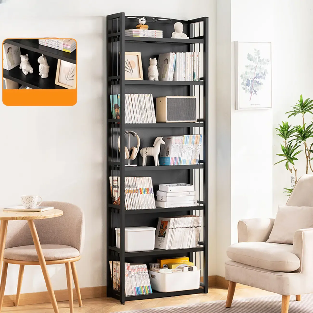 Premium Bamboo Modern Black 5-Shelf Open Bookshelf Image - 11
