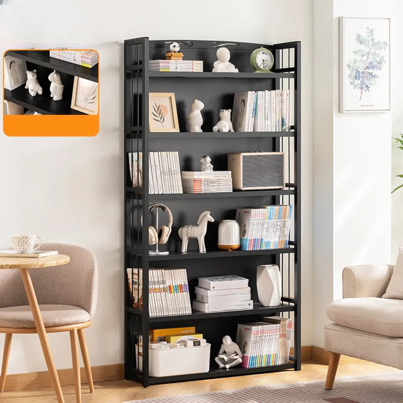 Premium Bamboo Modern Black 5-Shelf Open Bookshelf Image - 13