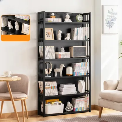 Premium Bamboo Modern Black 5-Shelf Open Bookshelf Image - 13