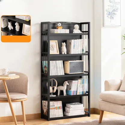 Premium Bamboo Modern Black 5-Shelf Open Bookshelf Image - 15