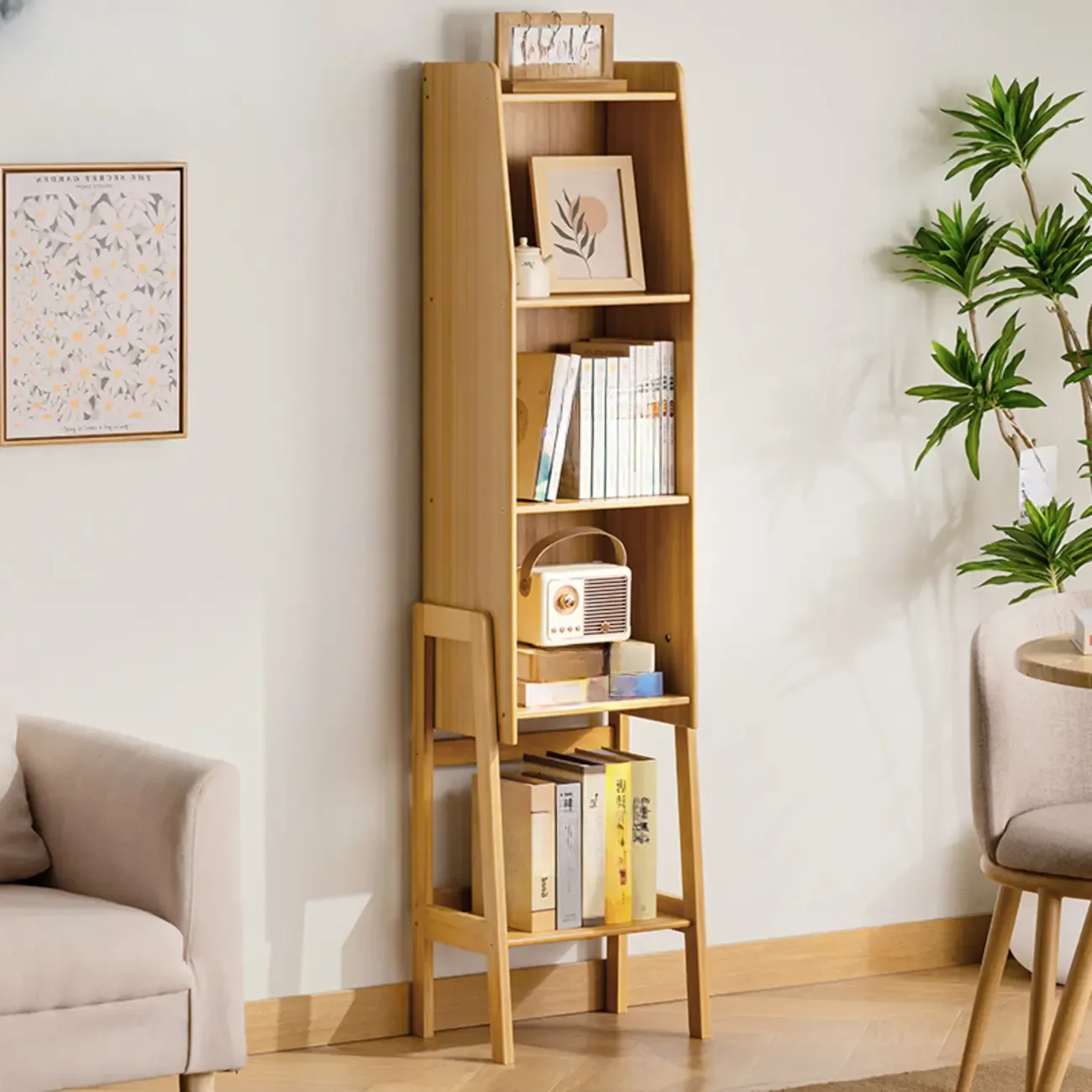 Modern Wooden Ladder Bookcase for Living Room Storage Image - 2