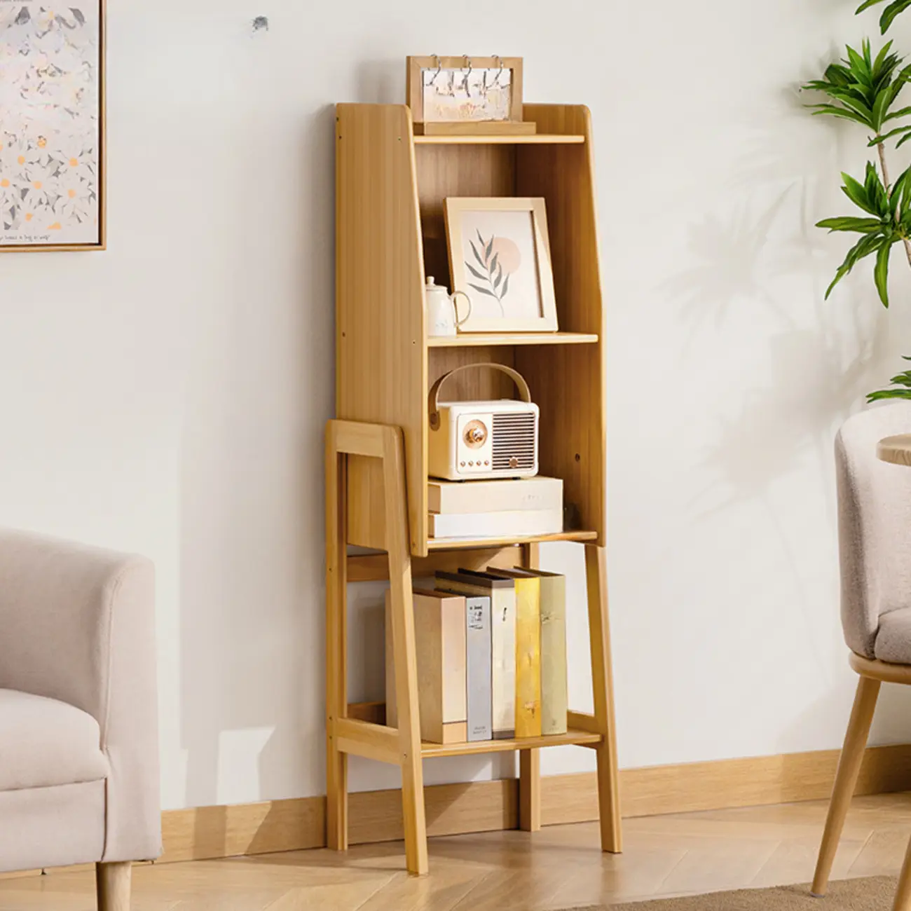 Modern Wooden Ladder Bookcase for Living Room Storage Image - 16 | homeyfad