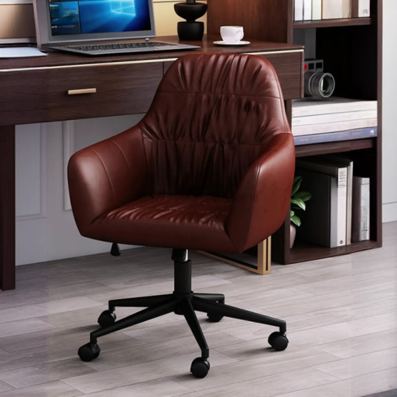 Classic Brown Leather Swivel Office Chair Image - 1 | homeyfad