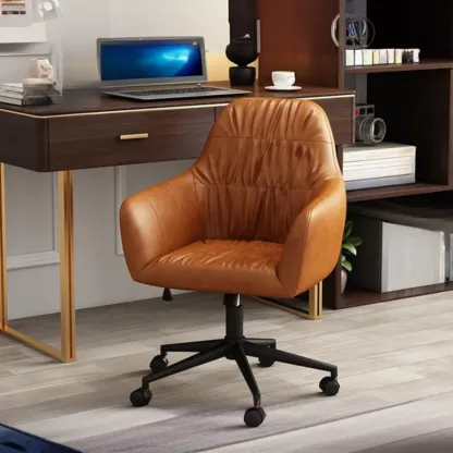 Classic Brown Leather Swivel Office Chair Image - 4