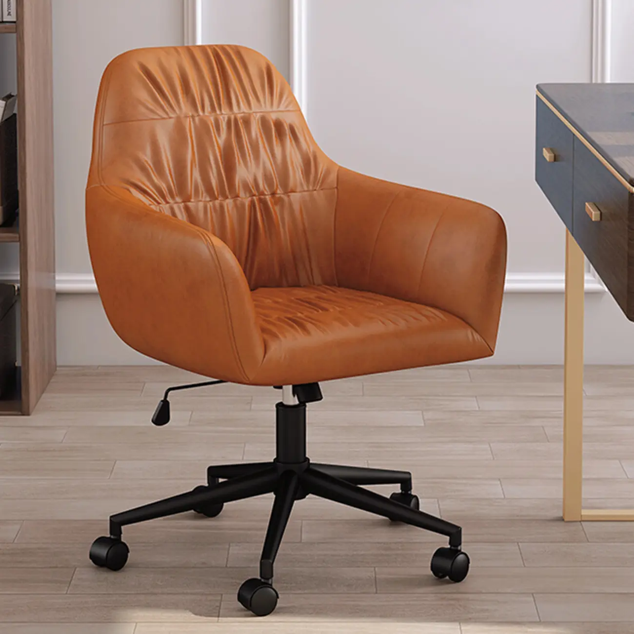 Classic Brown Leather Swivel Office Chair Image - 5 | homeyfad