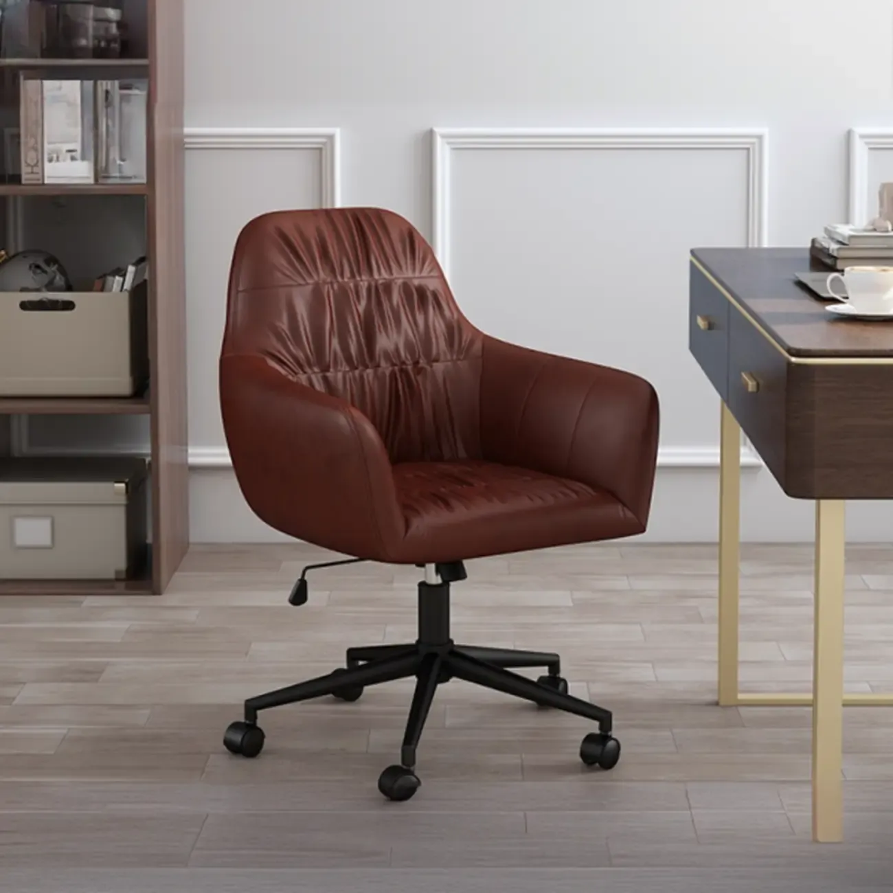 Classic Brown Leather Swivel Office Chair Image - 2