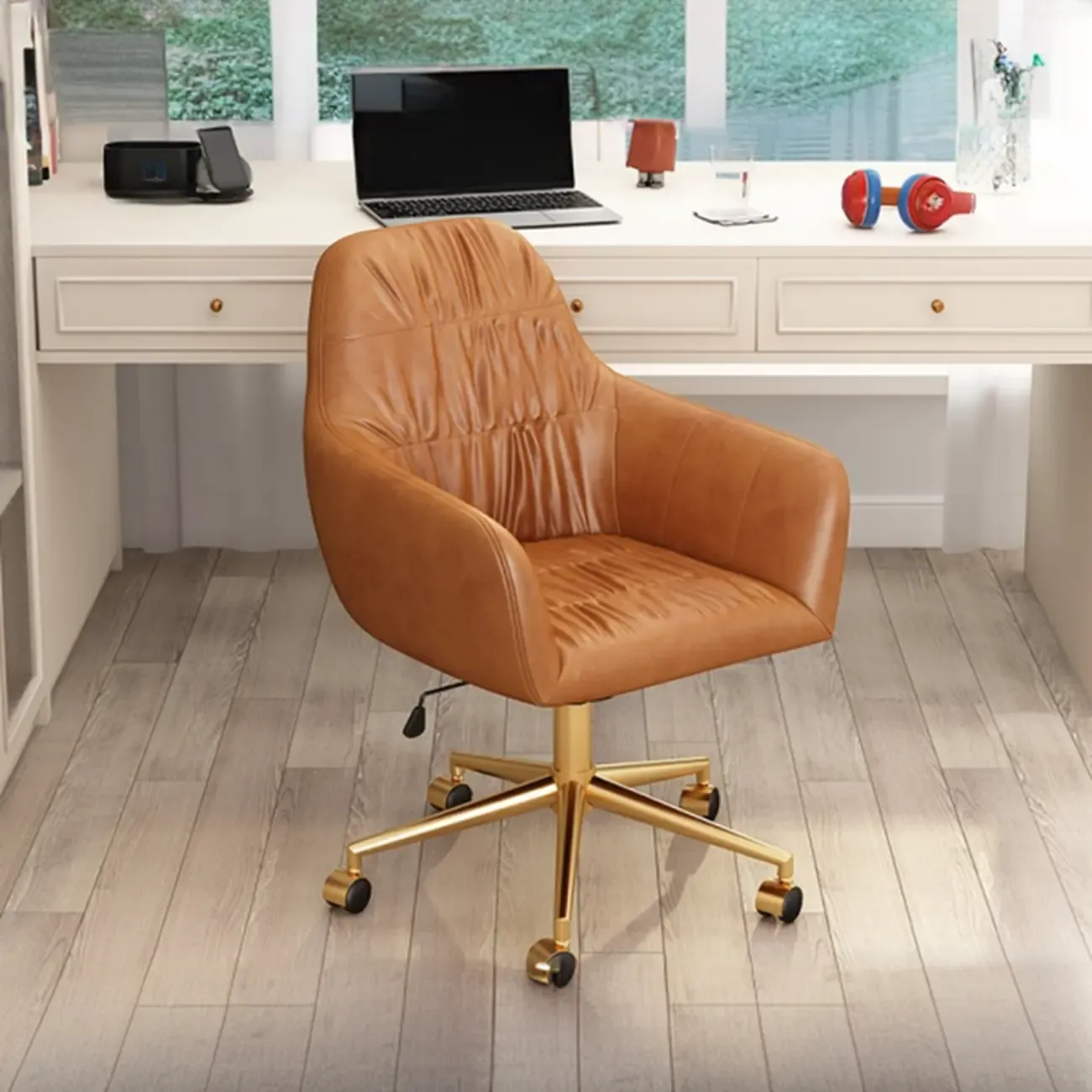 Classic Brown Leather Swivel Office Chair Image - 6