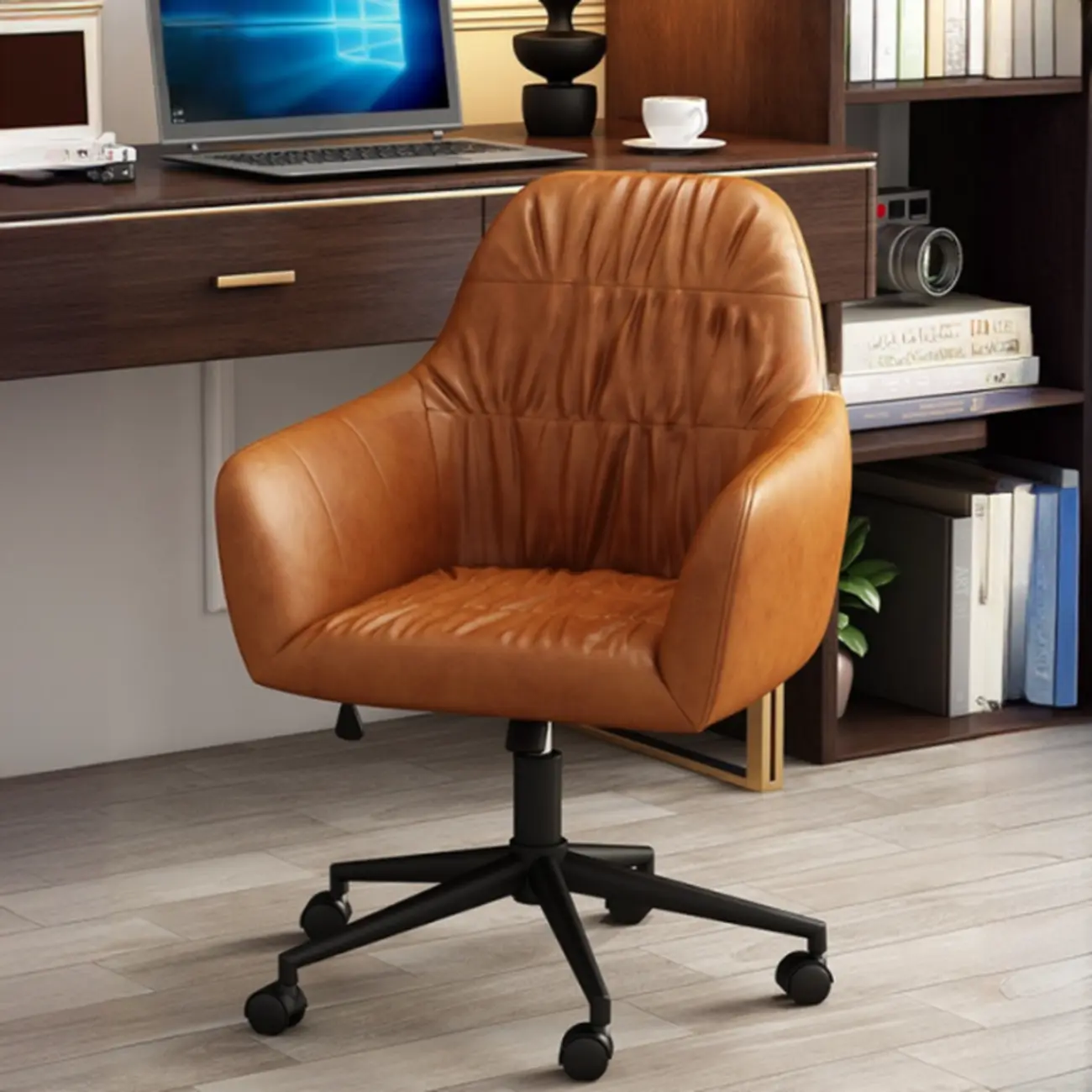 Classic Brown Leather Swivel Office Chair Image - 7 | homeyfad