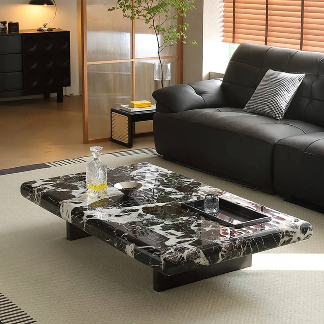 Modern Marble Black Rectangular Sleigh Coffee Table Image - 3