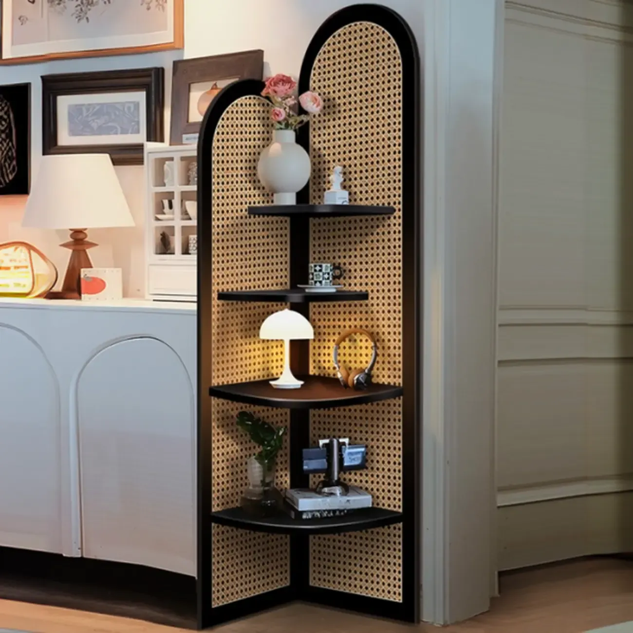 Elegant Wicker Black Wood Corner Open Display Cabinet Image - 1