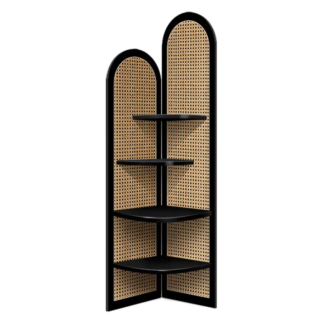 Elegant Wicker Black Wood Corner Open Display Cabinet | HomeyFad