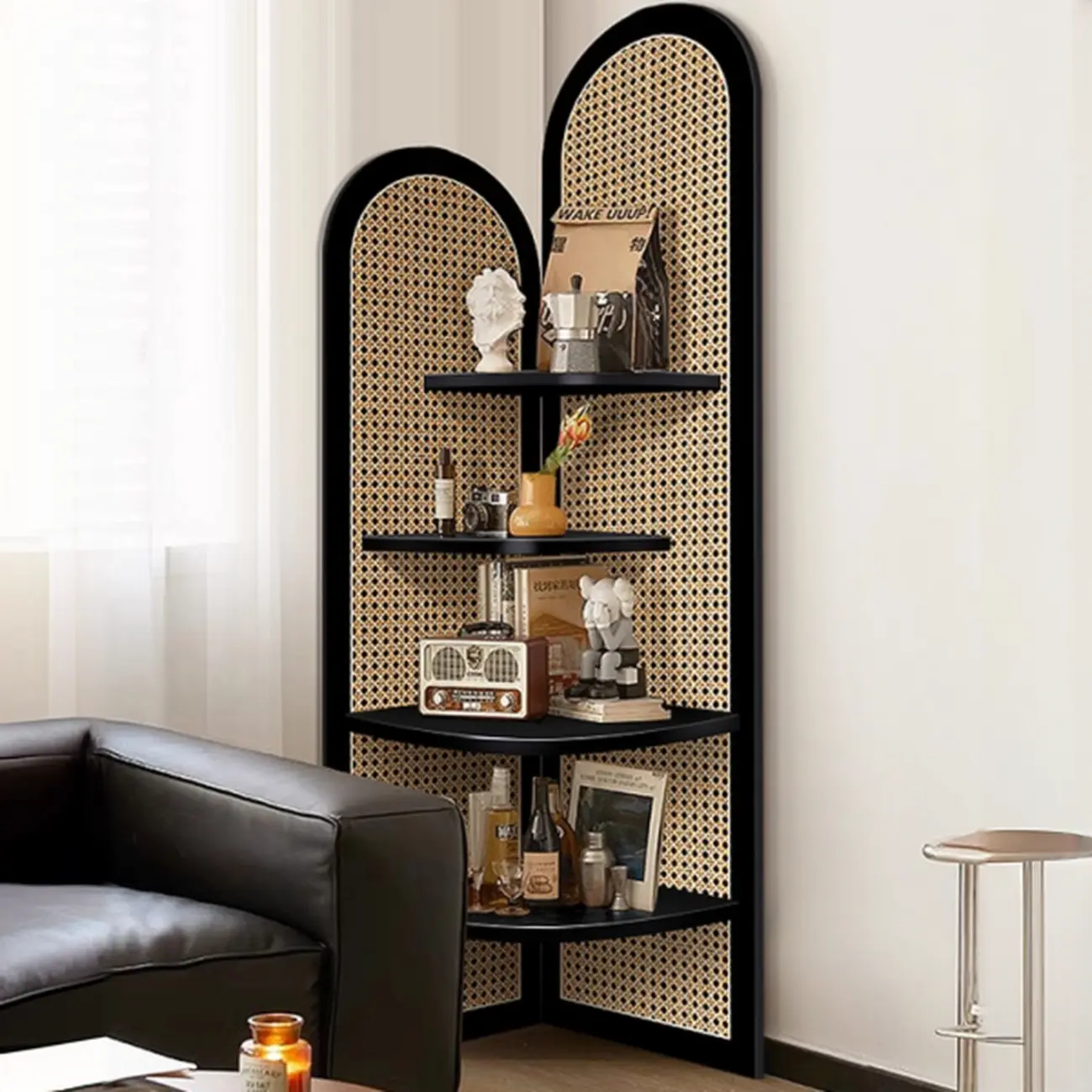 Elegant Wicker Black Wood Corner Open Display Cabinet Image - 2 | homeyfad