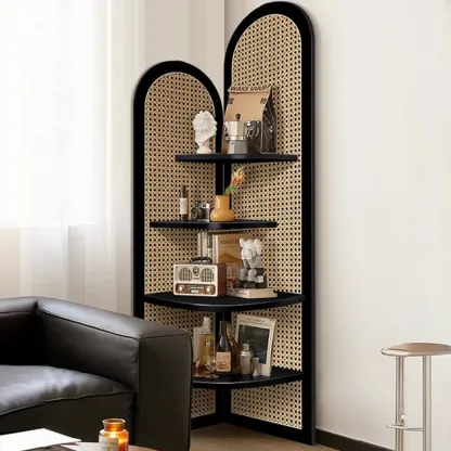 Elegant Wicker Black Wood Corner Open Display Cabinet Image - 2