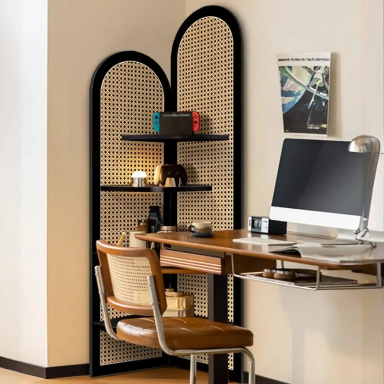 Elegant Wicker Black Wood Corner Open Display Cabinet Image - 3