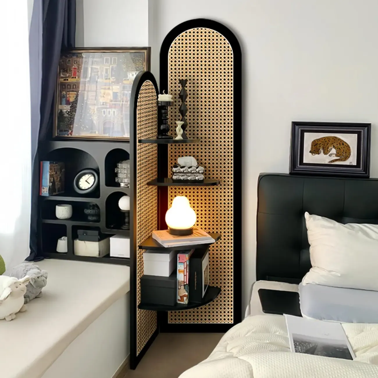 Elegant Wicker Black Wood Corner Open Display Cabinet Image - 4