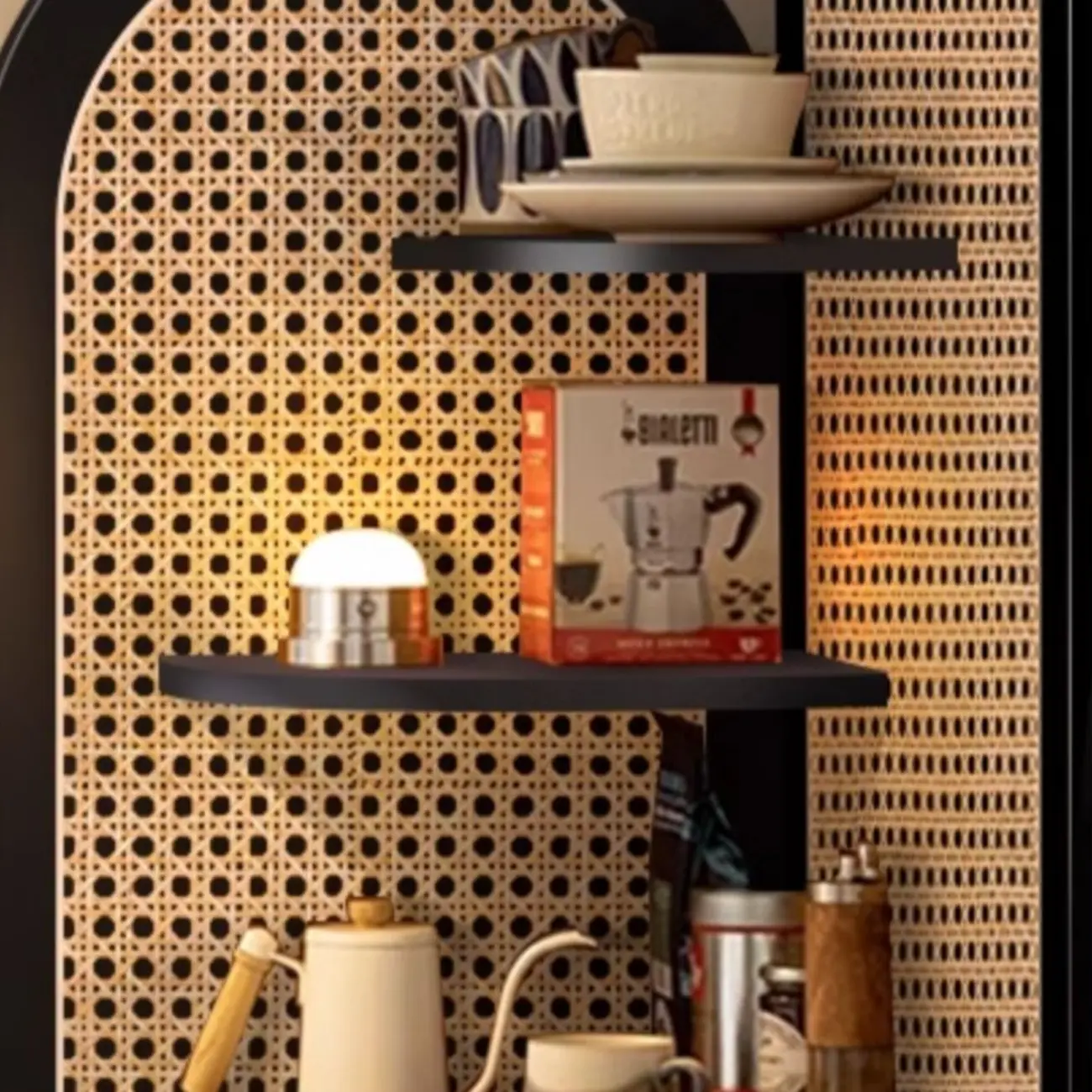 Elegant Wicker Black Wood Corner Open Display Cabinet Image - 6 | homeyfad