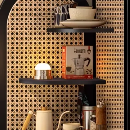 Elegant Wicker Black Wood Corner Open Display Cabinet Image - 6