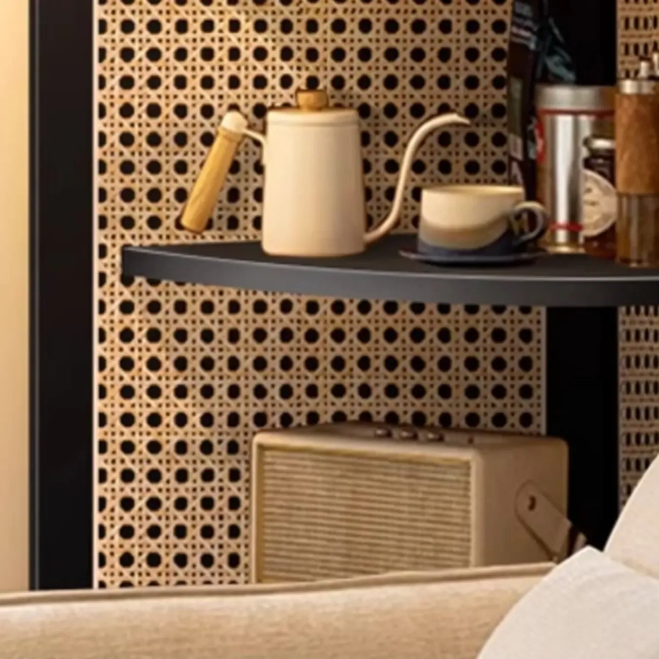 Elegant Wicker Black Wood Corner Open Display Cabinet Image - 7