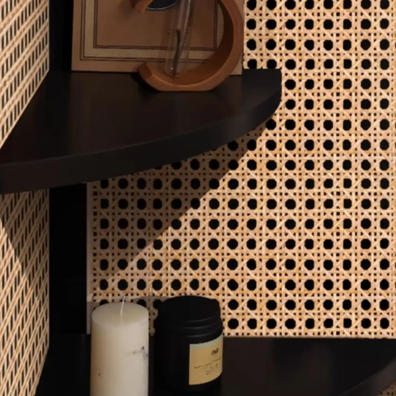 Elegant Wicker Black Wood Corner Open Display Cabinet Image - 9