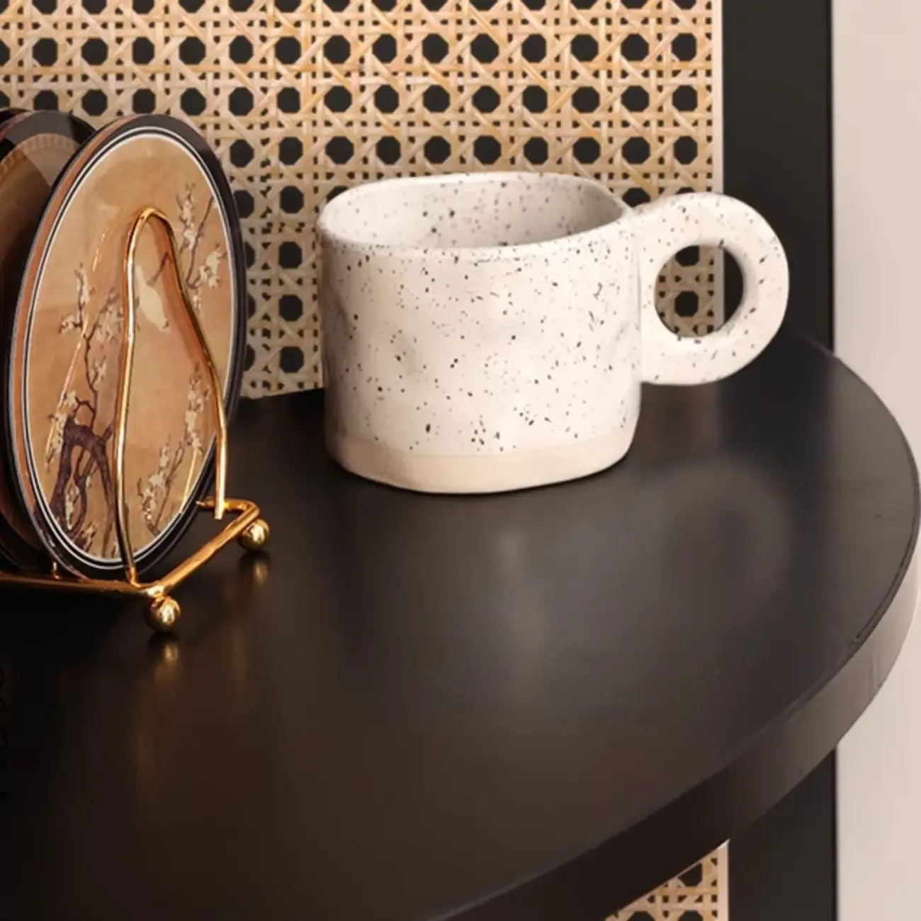 Elegant Wicker Black Wood Corner Open Display Cabinet Image - 10