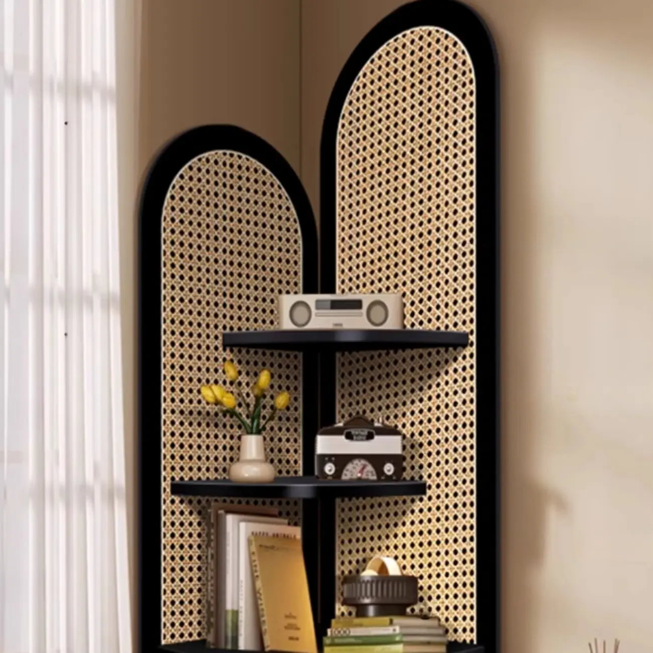 Elegant Wicker Black Wood Corner Open Display Cabinet Image - 11 | homeyfad