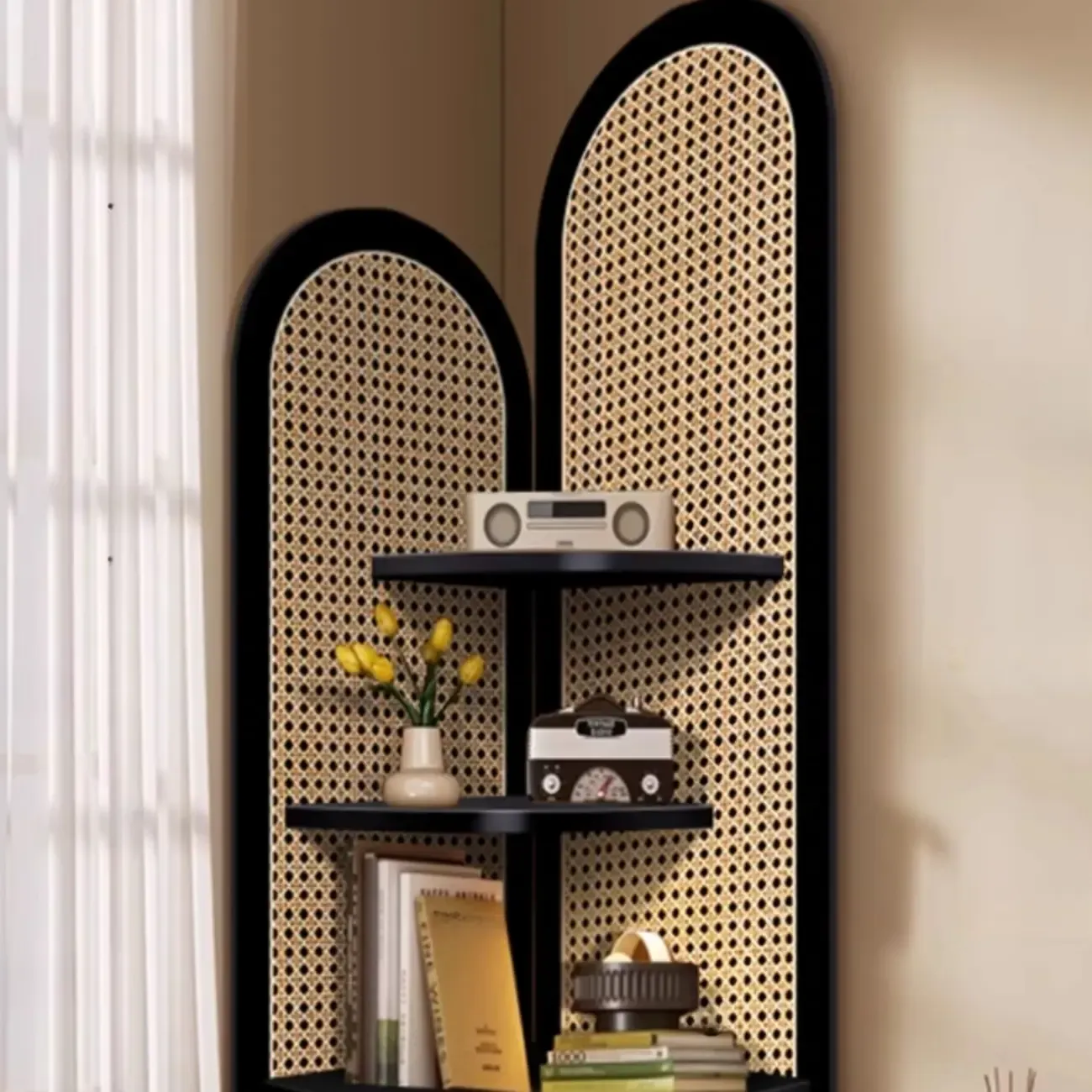 Elegant Wicker Black Wood Corner Open Display Cabinet Image - 11