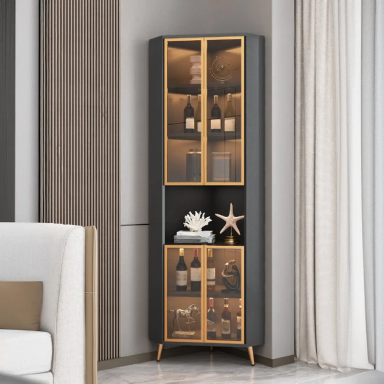 Modern Gray Wood Gold Glass Door Display Corner Cabinet Image - 1 | homeyfad
