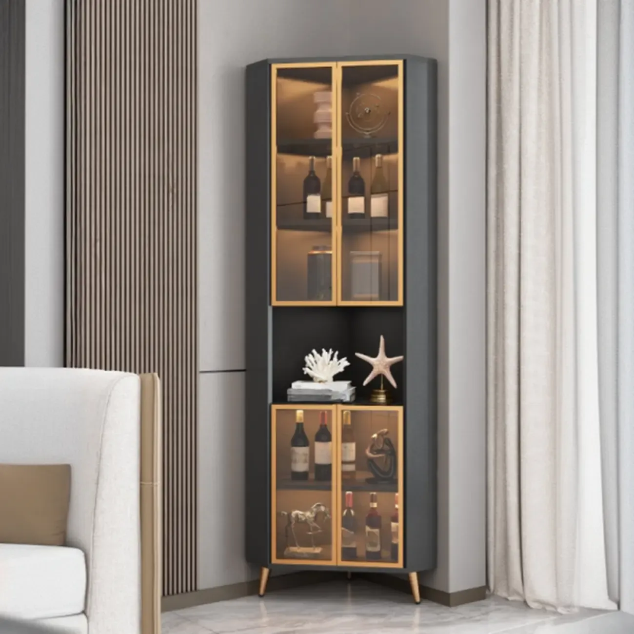 Modern Gray Wood Gold Glass Door Display Corner Cabinet Image - 1