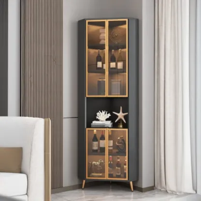 Modern Gray Wood Gold Glass Door Display Corner Cabinet Image - 1
