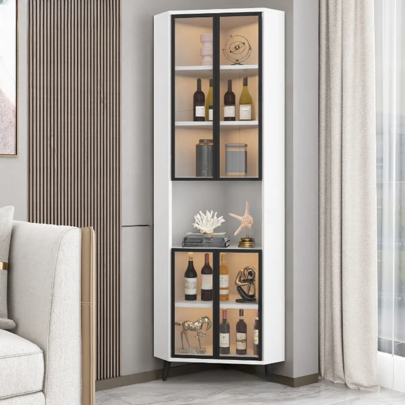 Modern Gray Wood Gold Glass Door Display Corner Cabinet Image - 3 | homeyfad