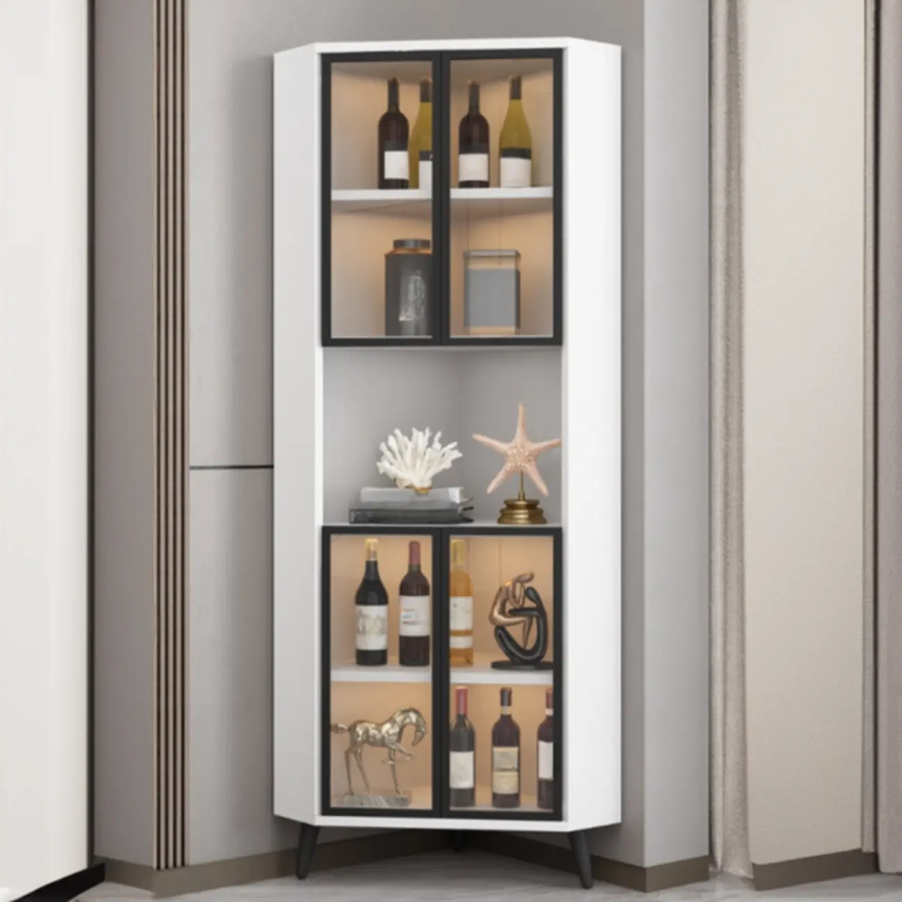 Modern Gray Wood Gold Glass Door Display Corner Cabinet Image - 4 | homeyfad