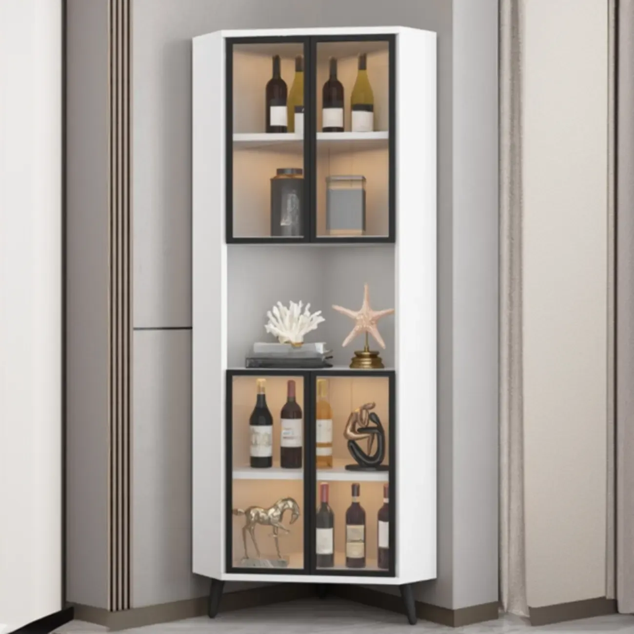 Modern Gray Wood Gold Glass Door Display Corner Cabinet Image - 4