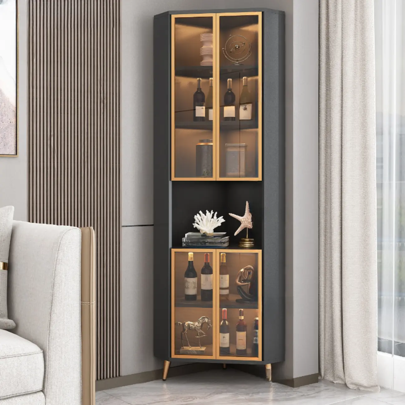 Modern Gray Wood Gold Glass Door Display Corner Cabinet Image - 5 | homeyfad