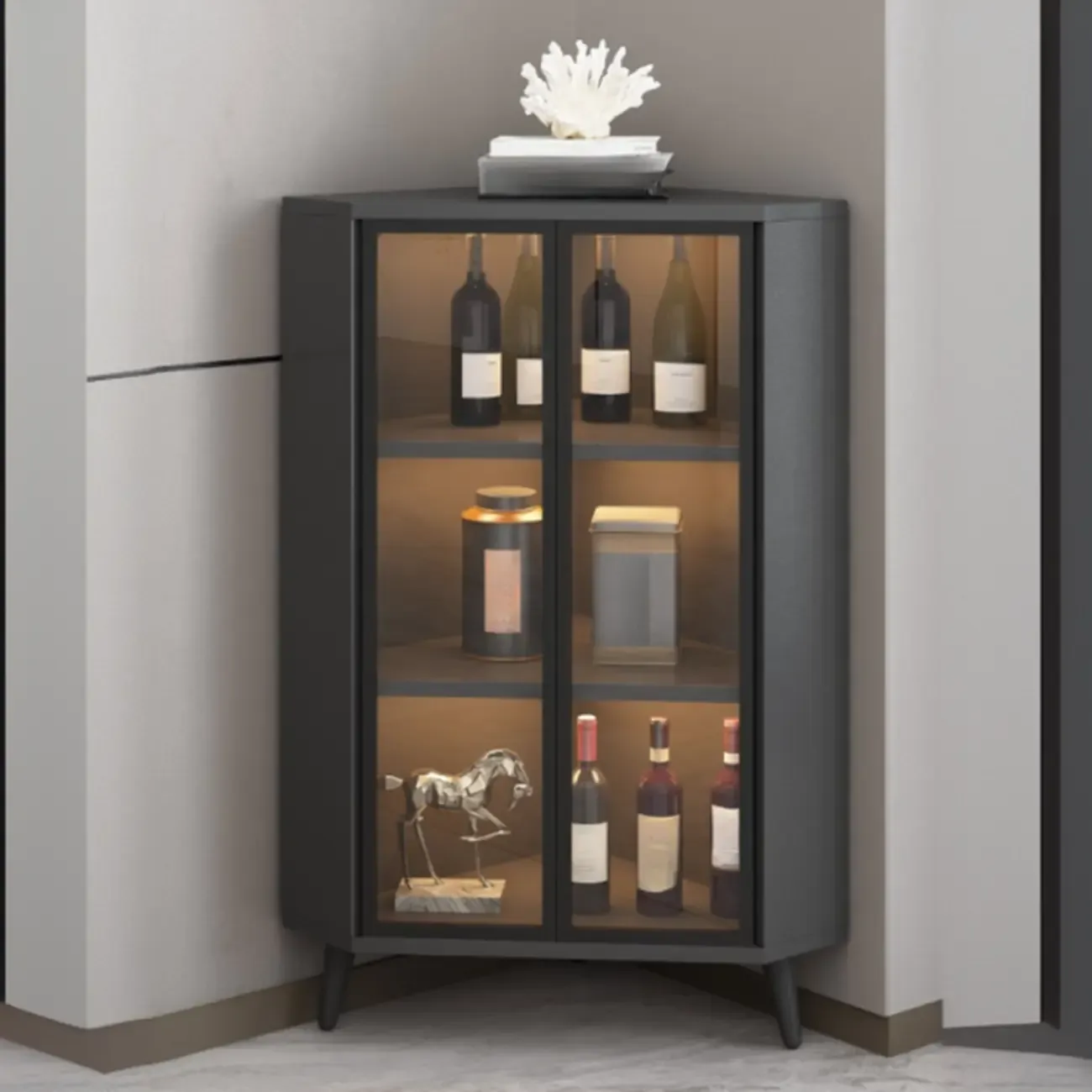 Modern Gray Wood Gold Glass Door Display Corner Cabinet Image - 6