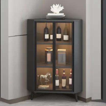 Modern Gray Wood Gold Glass Door Display Corner Cabinet Image - 6