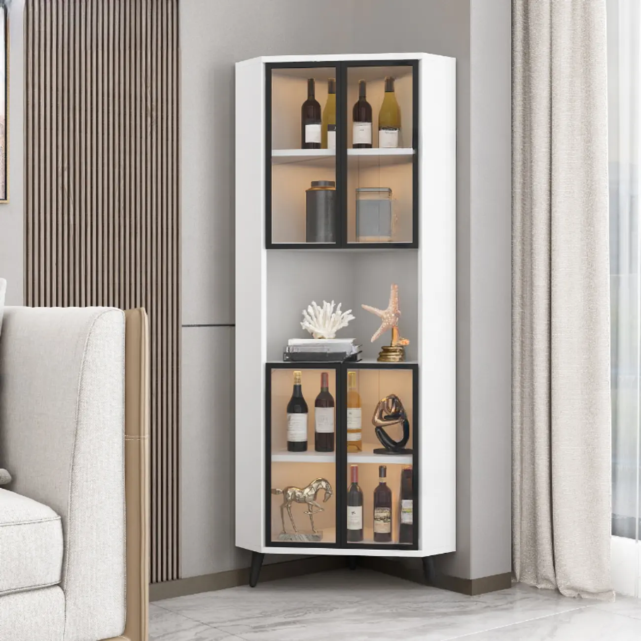 Modern Gray Wood Gold Glass Door Display Corner Cabinet Image - 7 | homeyfad