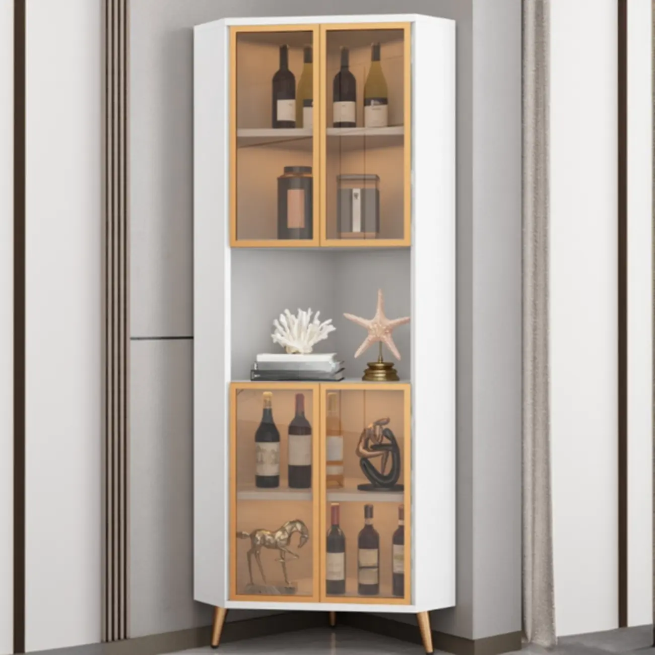 Modern Gray Wood Gold Glass Door Display Corner Cabinet Image - 8 | homeyfad