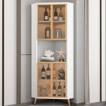 Modern Gray Wood Gold Glass Door Display Corner Cabinet Image - 8