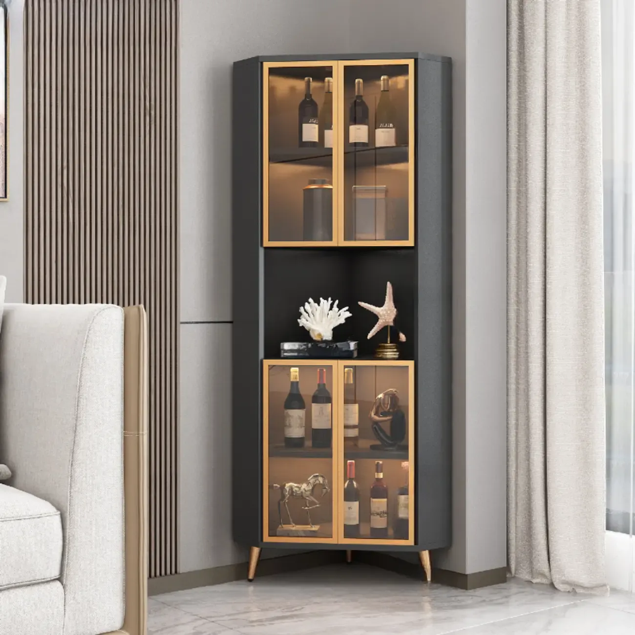 Modern Gray Wood Gold Glass Door Display Corner Cabinet Image - 9
