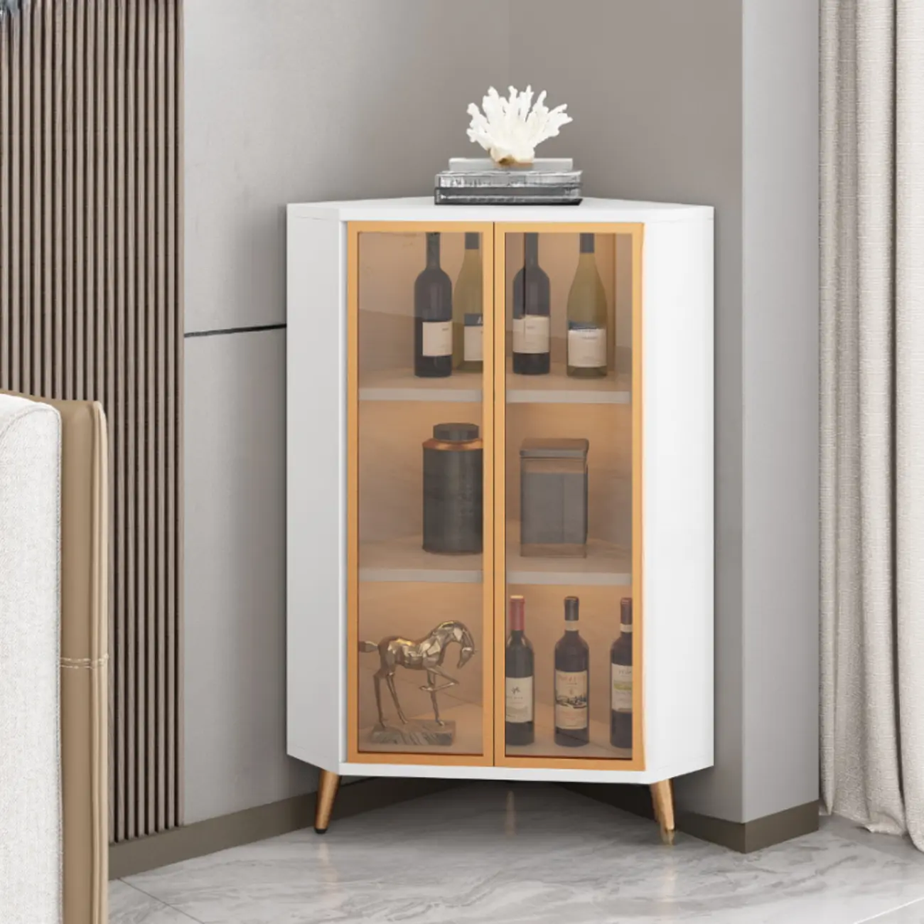 Modern Gray Wood Gold Glass Door Display Corner Cabinet Image - 11 | homeyfad