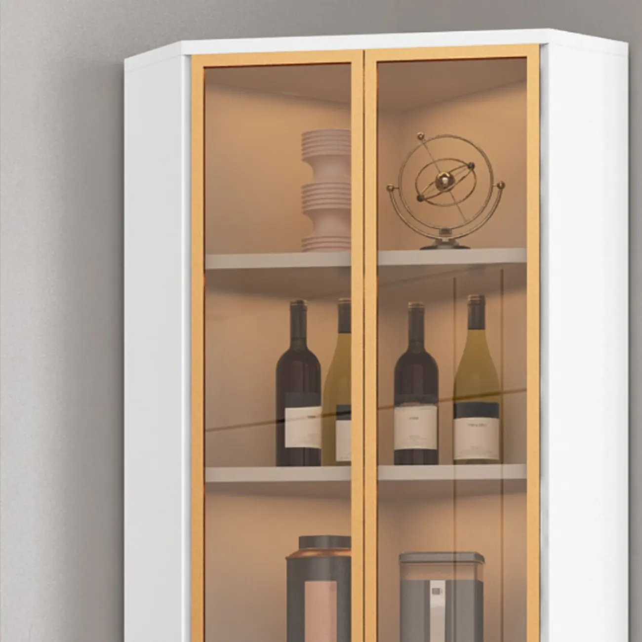 Modern Gray Wood Gold Glass Door Display Corner Cabinet Image - 8 | homeyfad