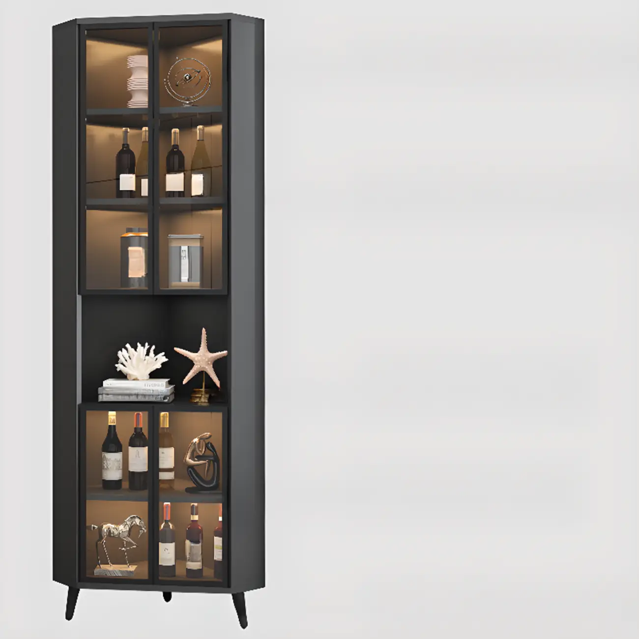 Modern Gray Wood Gold Glass Door Display Corner Cabinet Image - 13 | homeyfad
