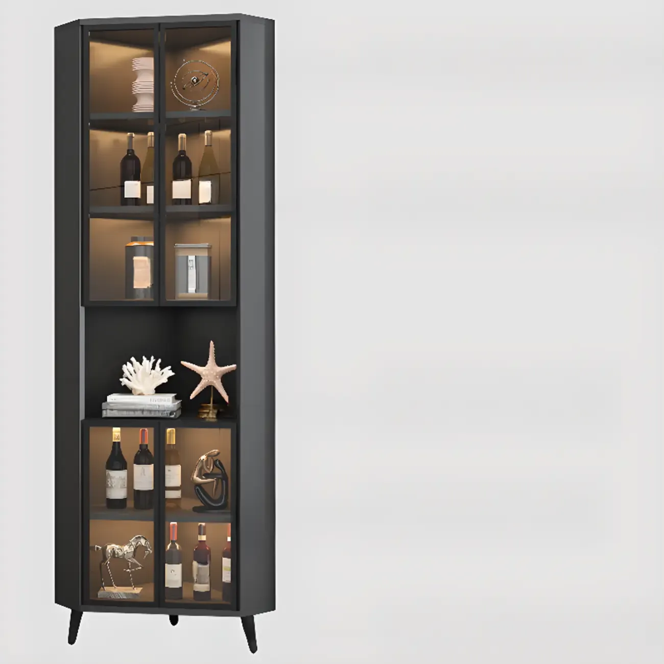 Modern Gray Wood Gold Glass Door Display Corner Cabinet Image - 13