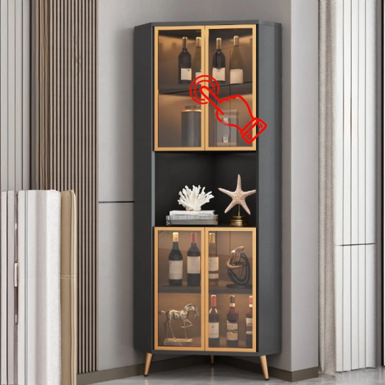 Modern Gray Wood Gold Glass Door Display Corner Cabinet Image - 14 | homeyfad