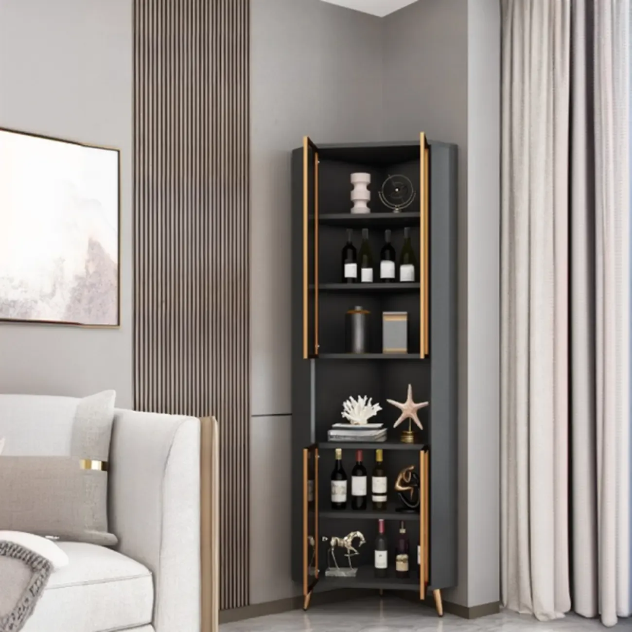 Modern Gray Wood Gold Glass Door Display Corner Cabinet Image - 16