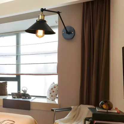 Retro Metal Matte Black Cone Swing Arm Wall Light Image - 1