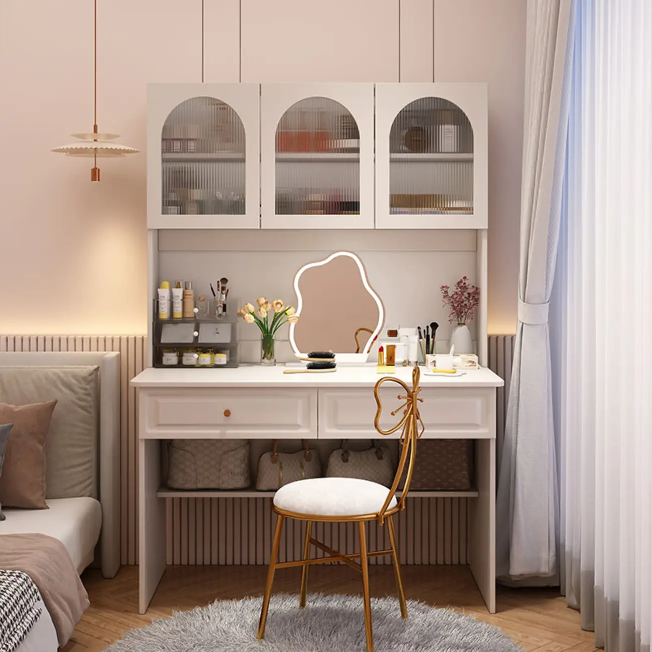 White Wood Makeup Vanity Desk Arched Cabinet Storage Image - 1 | homeyfad