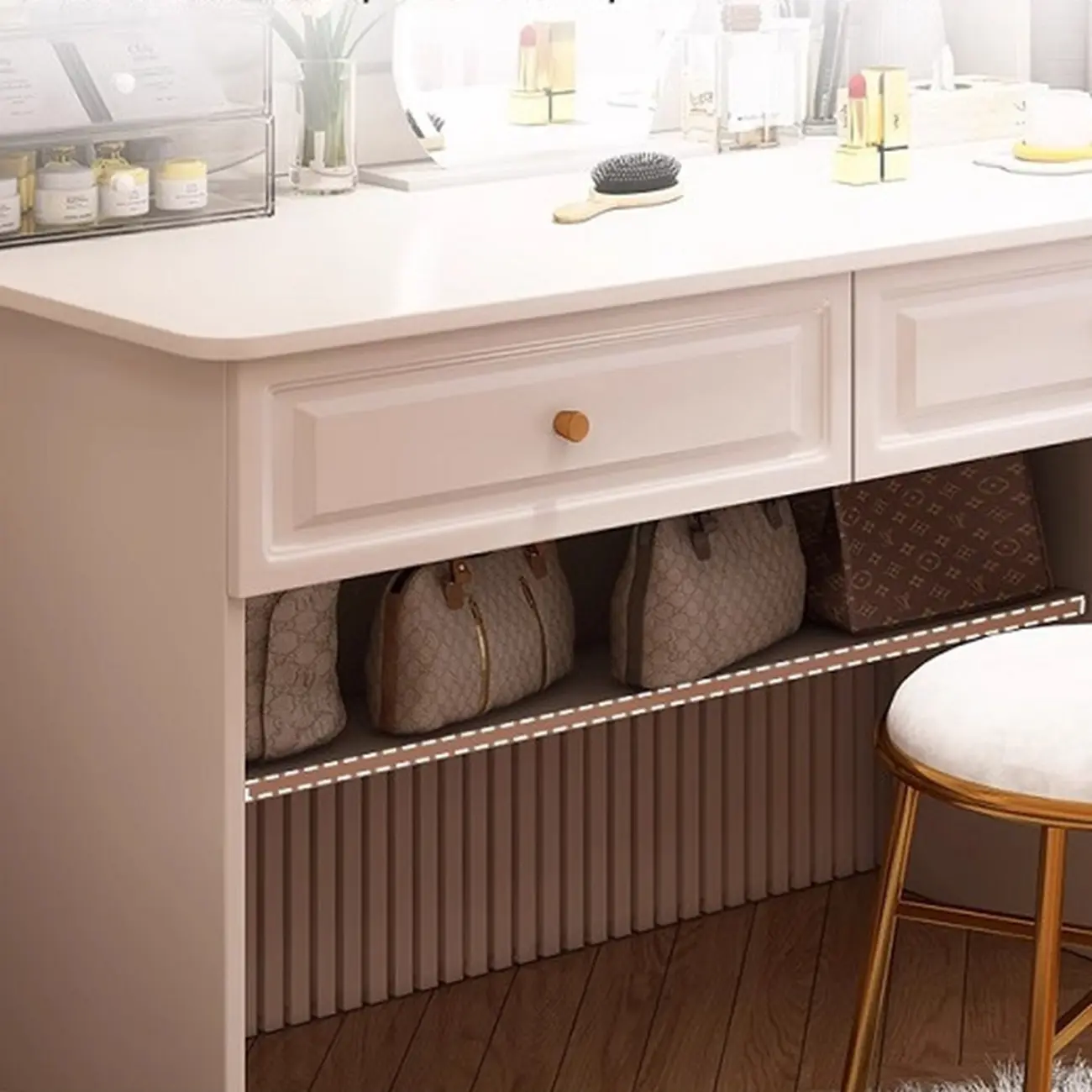 White Wood Makeup Vanity Desk Arched Cabinet Storage Image - 2 | homeyfad
